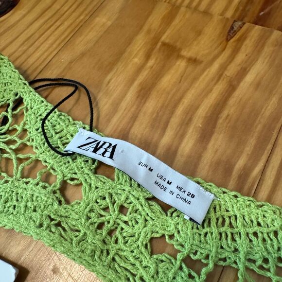 ZARA NWT lime green knit macrame crochet knee midi lined summer dress SIZE M - Picture 6 of 15